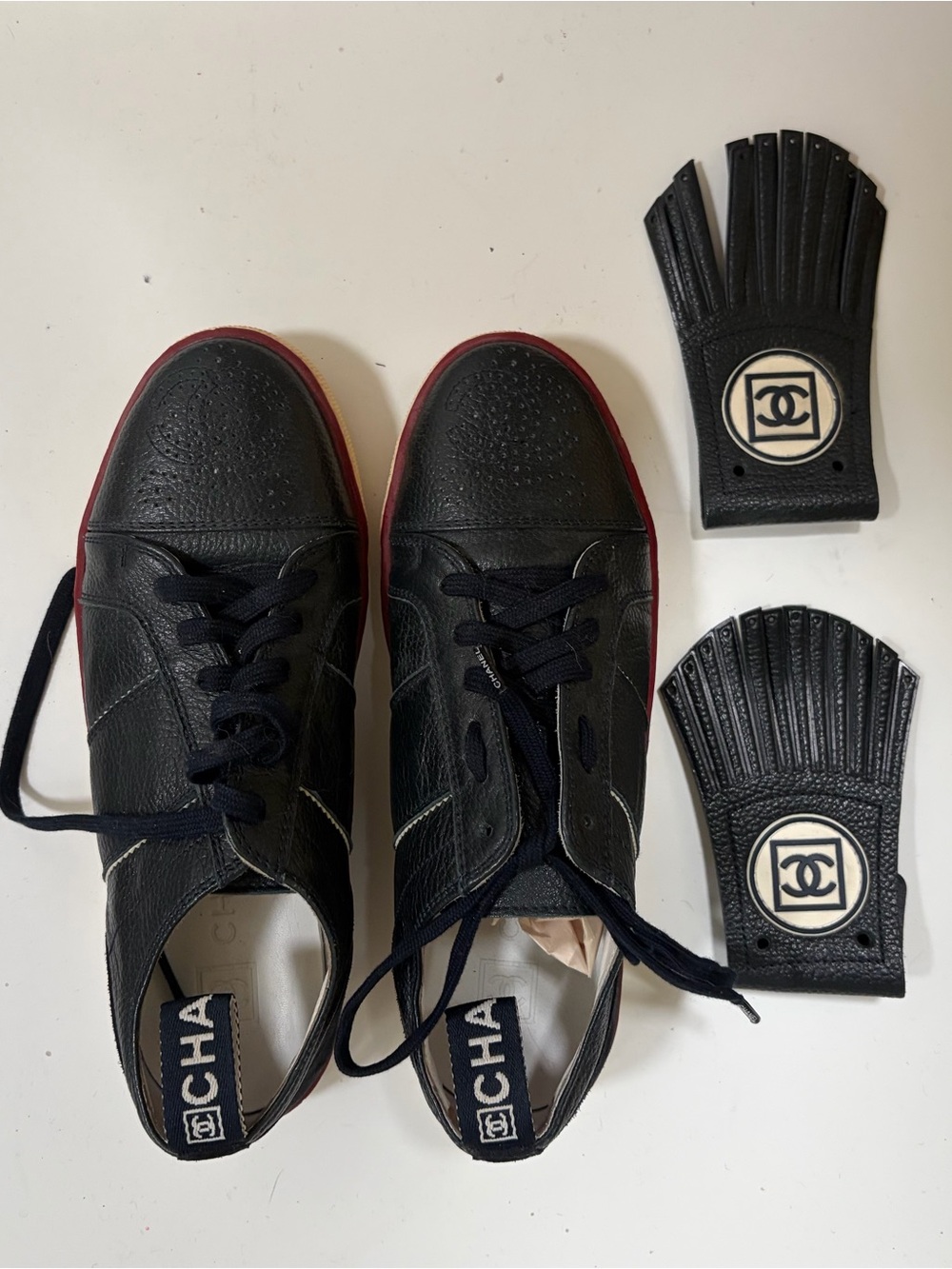 CHANEL Black Leather Slingback Sneakers with Navy and Red Accents